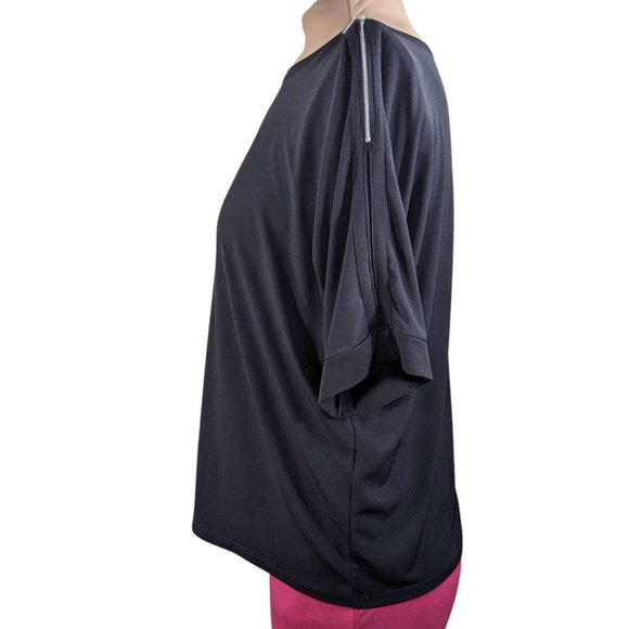 Chico's 3/XL Black Short Sleeve Blouse with Silver Shoulder Zippers - Picture 3 of 10